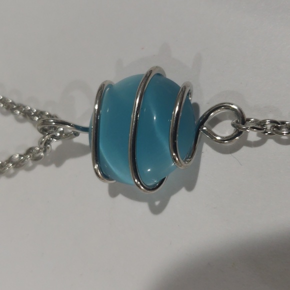 Turquoise Pendant Necklace – Twisted Silver Wire Wrap w/ Beaded Drop | Artisan - Picture 8 of 11